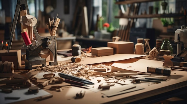 Une photo visuellement attrayante de matériaux d'artisanat et de bricolage comme de la colle à papier et des ciseaux