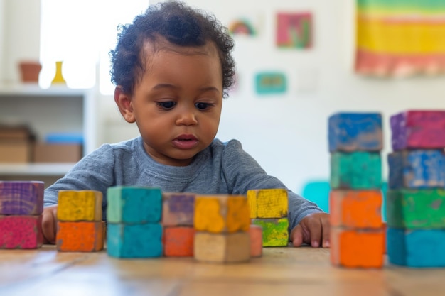 Une photo vivante capturant un tout-petit afro-américain enjoué en jouant avec des blocs de bois