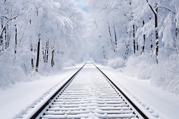 Photo de voies de train couvertes de neige dans une tempête d'hiver