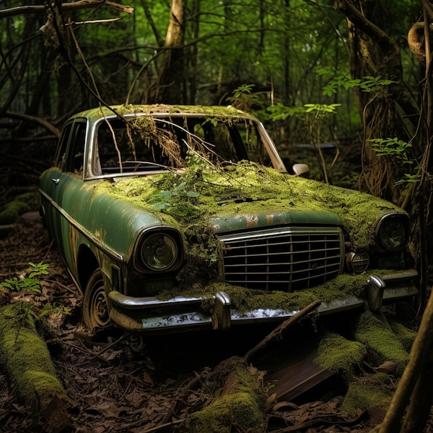 photo d'une voiture abandonnée dans une forêt