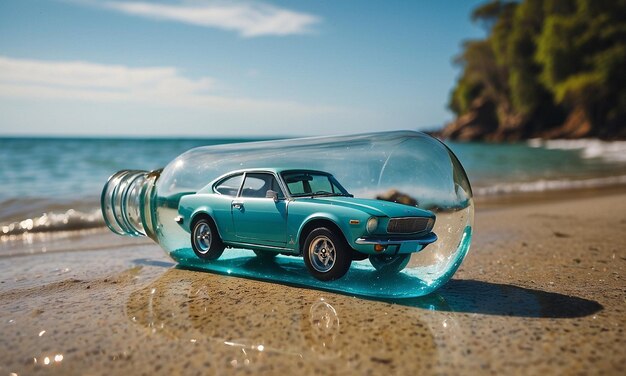 photo d'une voiture dans une bouteille de verre transparente avec un fond d'atmosphère de plage et de temps ensoleillé