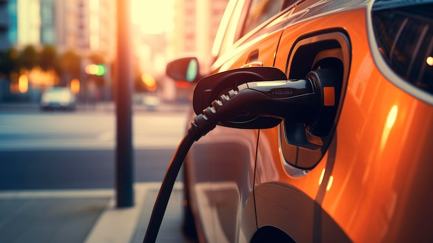 Une photo d'une voiture électrique moderne en train de se charger à une station