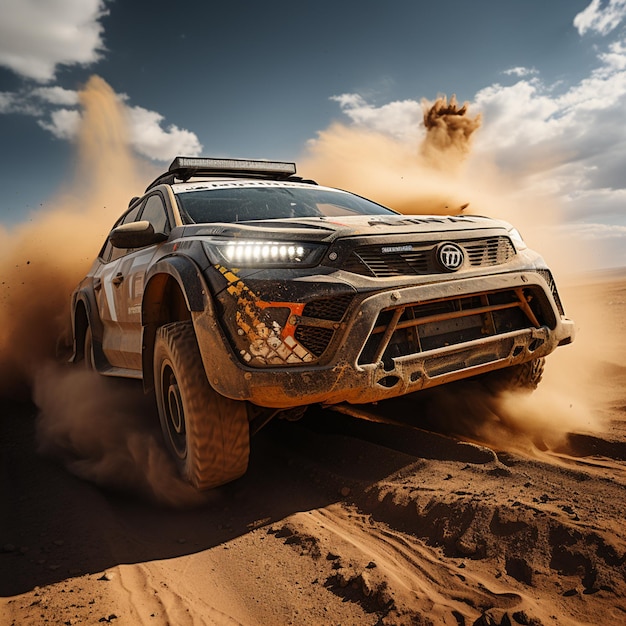 photo d'une voiture de rallye sautant une dune de sable