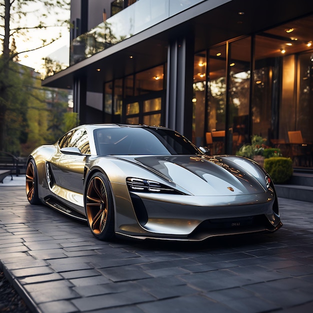 Photo photo d'une voiture de sport de luxe garée devant une maison moderne lumière du jour couleurs chaudes atmosphère chaude