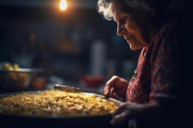 Une photo de votre mère en train de cuisiner ou de cuisiner son plat préféré bokeh AI générative