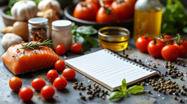 Sur cette photo, vous pouvez voir un bloc-notes avec du texte et de la nourriture diététique sur une table avec une lumière