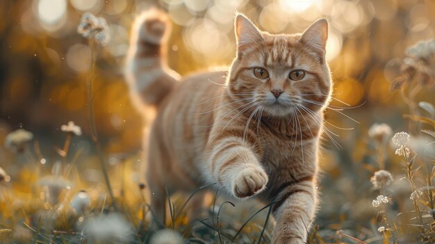 Photo sur cette photo, vous pouvez voir un chat rouge sautant sur l'herbe verte ou un chat dansant.