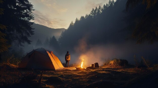 Une photo d'un voyageur campant dans une forêt vierge