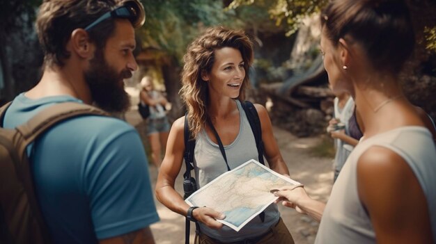 Photo une photo d'un voyagiste écologique sensibilisant les touristes à la culture locale