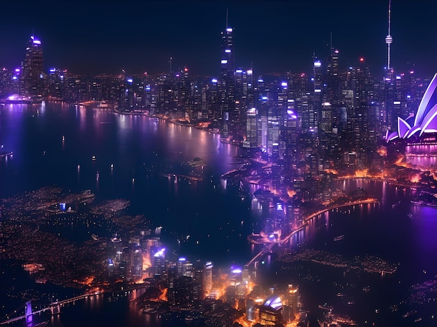 Photo d'une vue aérienne impressionnante d'une ville animée illuminée la nuit