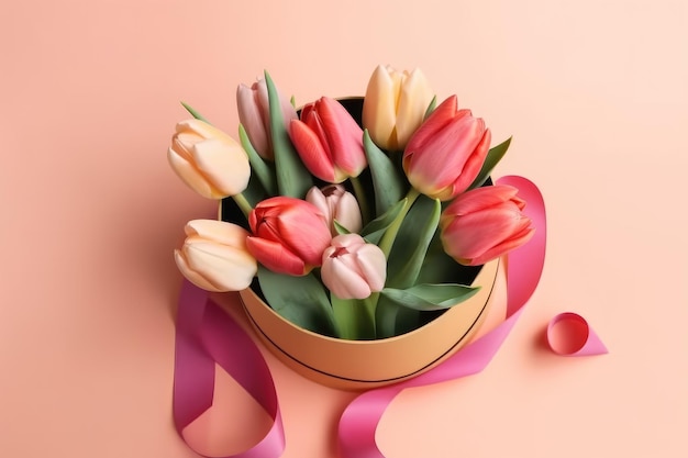 Photo vue de dessus de bouquets de tulipes colorées sur fond rose pastel isolé avec espace de copie