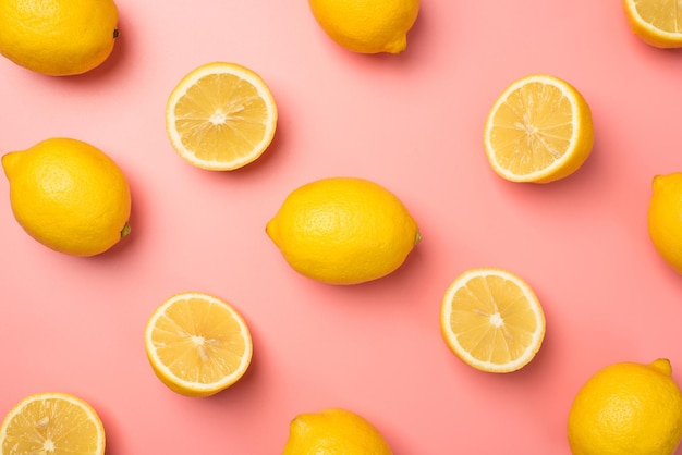 Photo vue de dessus de citrons coupés et entiers sur fond rose pastel isolé