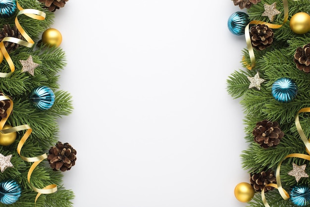 Photo vue de dessus des décorations d'arbre de noël boules dorées et bleues pommes de pin étoiles brillantes et serpentine sur des branches de pin sur fond blanc isolé avec fond