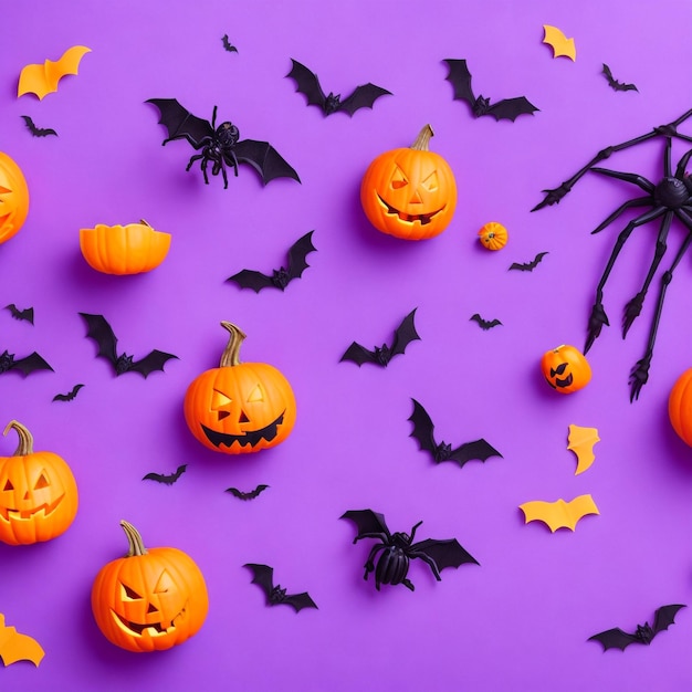 Photo vue de dessus des décorations d'Halloween chauves-souris araignées web bonbons maïs chats citrouilles silhouettes volantes