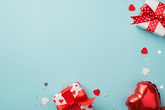 Photo vue de dessus des décorations de la saint-valentin deux coffrets cadeaux blancs avec des confettis de ballon en forme de coeur arc rouge et des paillettes brillantes sur fond bleu pastel isolé avec espace vide