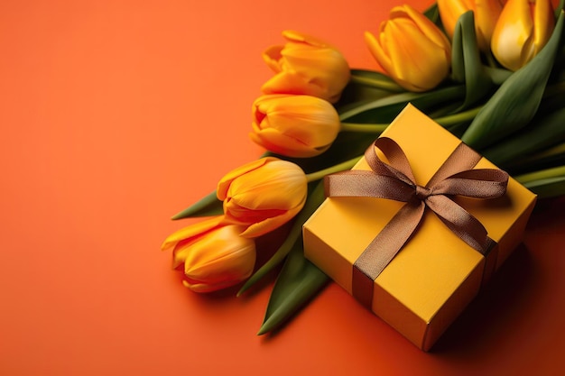 Photo de la vue de dessus de l'espace de copie et de la boîte-cadeau orange vibrante avec un nœud de ruban sur le côté et un bouquet de tulipes jaunes avec un fond orange de copie IA générative