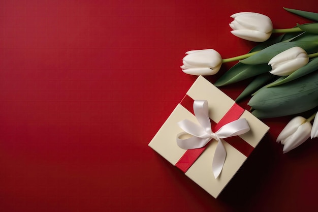 Photo de la vue de dessus de l'espace de copie et de la boîte-cadeau rouge moderne avec un noeud de ruban sur le côté et un bouquet de tulipes blanches avec un fond rouge Copypaste AI générative