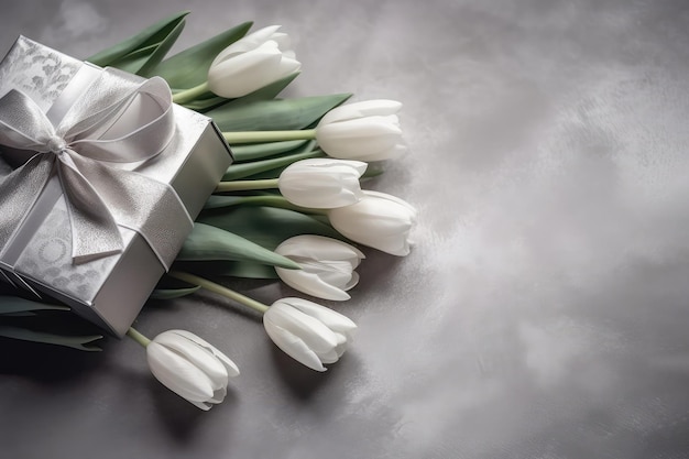 Photo de la vue de dessus de l'espace de copie et de l'élégante boîte-cadeau en argent avec un nœud de ruban sur le côté et un bouquet de tulipes blanches avec un fond d'argent de copie IA générative