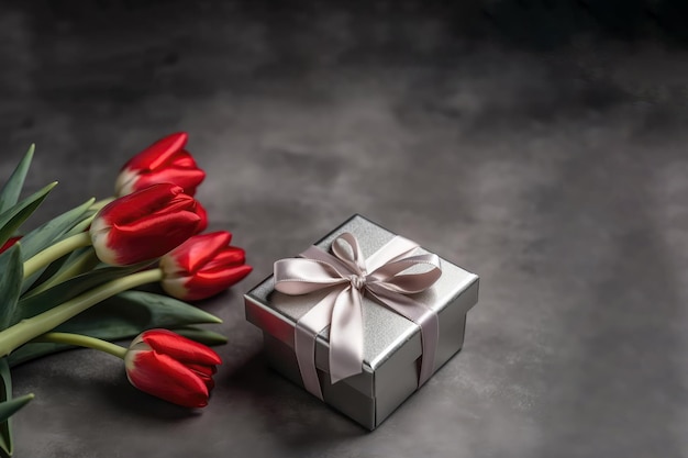 Photo de la vue de dessus de l'espace de copie et de l'élégante boîte-cadeau en argent avec un nœud de ruban sur le côté et un bouquet de tulipes rouges avec un fond d'argent de copie IA générative