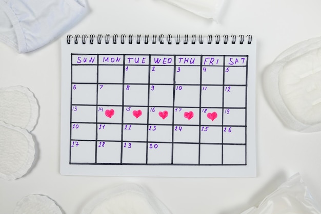 Photo vue de dessus des marques de calendrier coupe menstruelle rose avec des serviettes hygiéniques et des slips sur fond blanc isolé Le concept des journées créatives des femmes