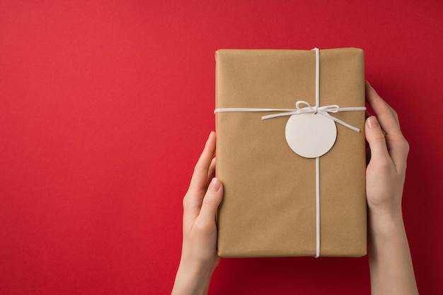 Photo vue de dessus à la première personne des décorations de la saint-valentin mains de la jeune femme tenant un paquet de papier kraft avec petit arc et étiquette sur fond rouge isolé avec fond