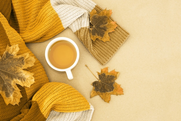 Photo vue de dessus d'un pull orange avec une tasse de thé et des feuilles d'automne jaunes et des pommes de pin sur fond isolé avec un espace vide