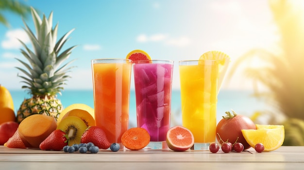 photo une vue de face des cocktails de fruits frais avec des tranches de fruits frais refroidissement par glace sur du jus de boisson bleu