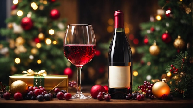 Photo vue de face du vin rouge dans une bouteille de vin en verre vin de Noël avec des bougies rouges de boule de Noël