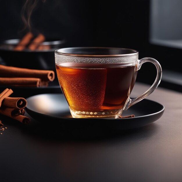 photo vue de face tasse de thé dans une tasse et une assiette noires sur fond de noël