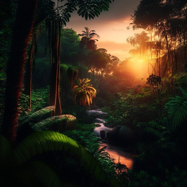 Photo vue forêt avec coucher de soleil