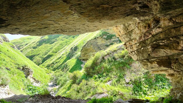 Sur la photo, la vue de la grotte à la gorge avec une source.