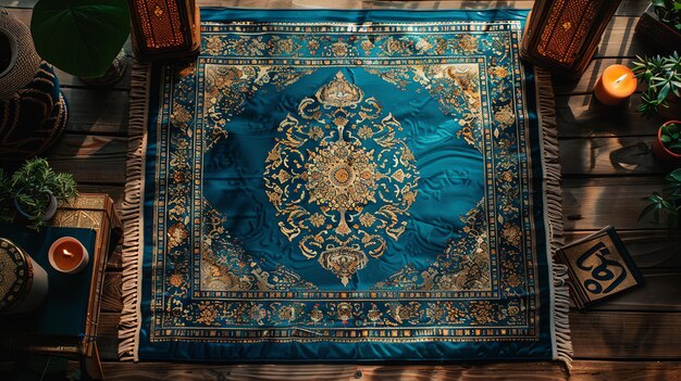 Photo d'une vue de haut d'un tapis avec une décoration traditionnelle du Moyen-Orient