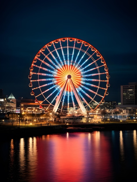 Photo à vue large de la grande roue dans la nuit avec lumière