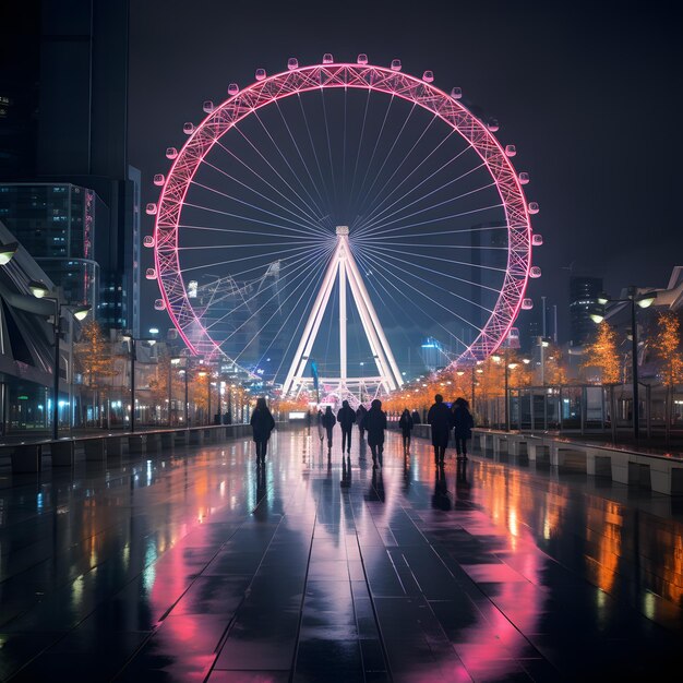 Photo à vue large de la grande roue dans la nuit avec lumière