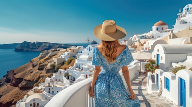 Photo vue mer d'une jeune fille en vacances à Santorin