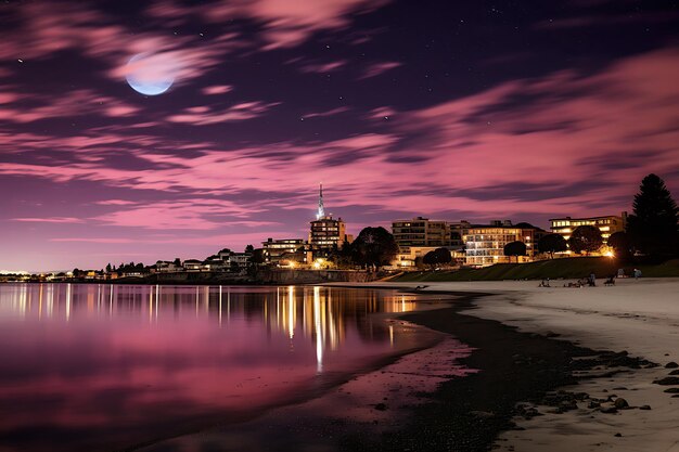 Photo d'une vue nocturne spectaculaire d'un paysage nocturne d'une ville côtière