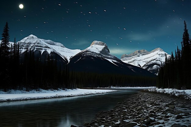 Photo photo de la vue de nuit d'un paysage nocturne d'une chaîne de montagnes enneigée