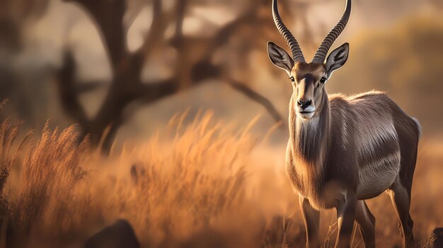 Photo de Waterbuck sur la savane au coucher du soleil