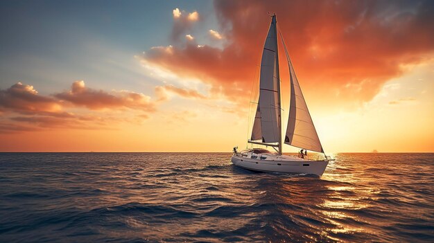 Une photo d'un yacht élégant naviguant vers le coucher du soleil