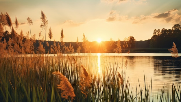 Une photo d'une zone humide luxuriante avec de grands roseaux pendant l'heure d'or du soleil