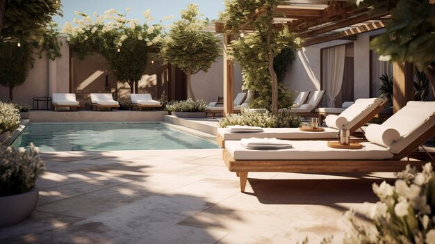 Une photo d'une zone de spa au bord de la piscine avec des fauteuils à l'ombre