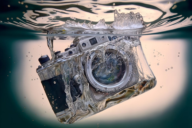 Photocamera slr moderne tombant sous l'eau avec de l'eau éclabousse l'art généré par le réseau de neurones