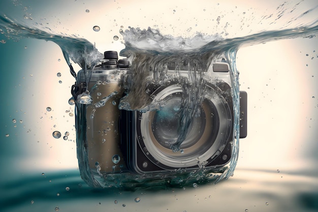 Photocamera slr moderne tombant sous l'eau avec de l'eau éclabousse l'art généré par le réseau de neurones