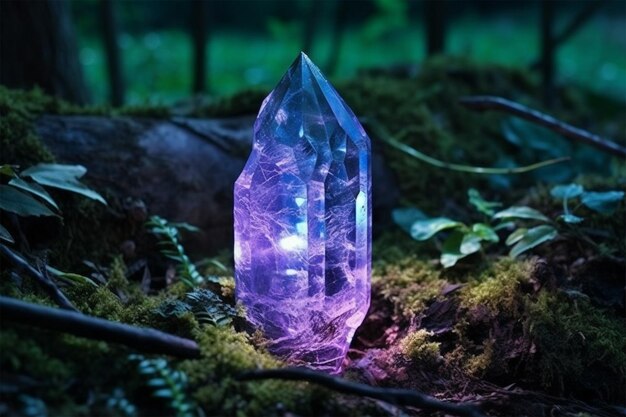 Photo photocrystal de quartz sur une souche d'arbre mousseuse