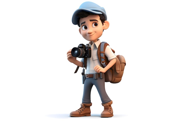 Un photographe avec un appareil photo dans les mains sur un fond blanc avatar 3D d'un photographe