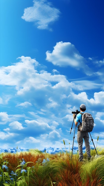 Photographe avec appareil photo et trépied capturant de beaux paysages de nature verdure ciel bleu