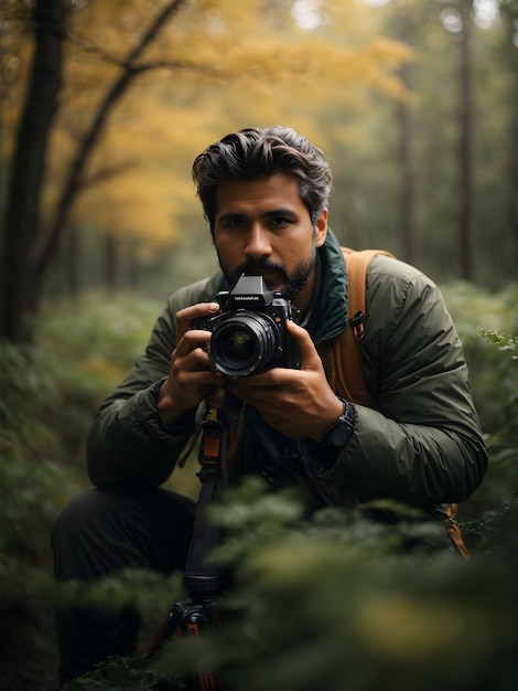 Un photographe avec caméra capturant l'image de la nature