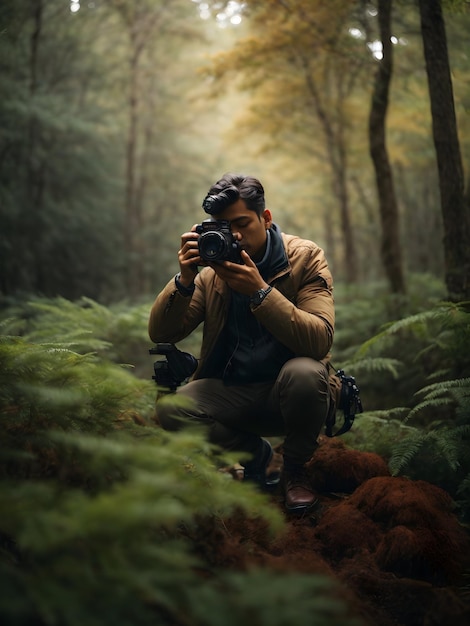 Un photographe avec caméra capturant l'image de la nature