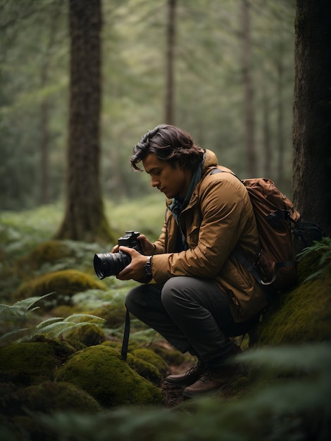 Un photographe avec caméra capturant l'image de la nature