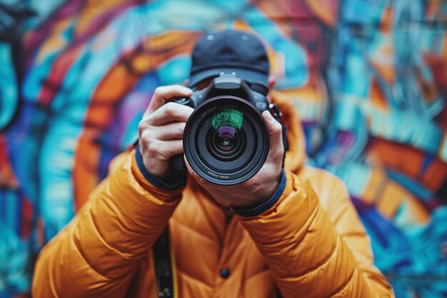 Photographe caméra professionnelle prise à la main paparazzi média technologie de film modèle de mise au point pose dynamique colorée joyeuse heureuse ensoleillée assez beau appareil